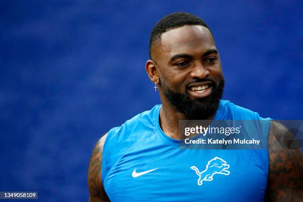 Michael Brockers of the Detroit Lions looks on during warm ups prior to the game against the Los Angeles Rams at SoFi Stadium on October 24, 2021 in...