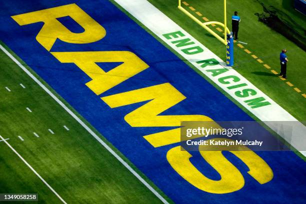 General view of signage in the end zone that reads, "End Racism" during the first quarter between the Los Angeles Rams and the Detroit Lions at SoFi...