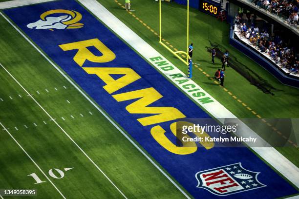 General view of signage in the end zone that reads, "End Racism" during the first quarter between the Los Angeles Rams and the Detroit Lions at SoFi...