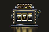 Big win slots machine 777 casino on isolated black background. Illustration one arm bandit. Slot machine for casino, lucky seven in gambling game 3d rendering.