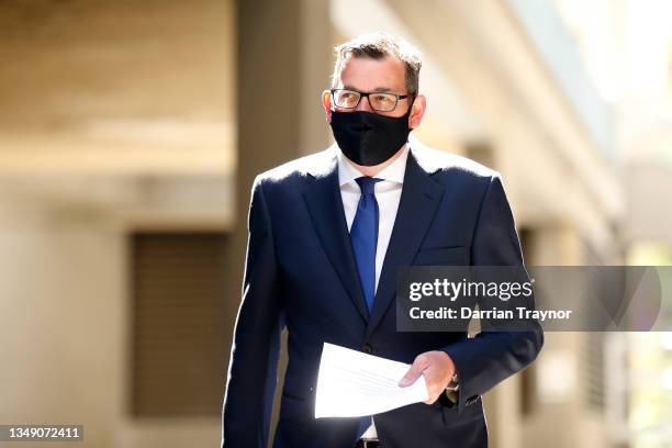 Victorian Premier Daniel Andrews arrives at the daily COVID-19 press conference on October 26, 2021 in Melbourne, Australia. Victoria has recorded...