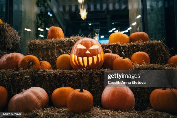 pumpkin with spooky illuminated carved face with lightening among many pumpkins on haystacks. halloween celebration concept. night with beautiful garland lightening. - pumpkin decorating stock pictures, royalty-free photos & images