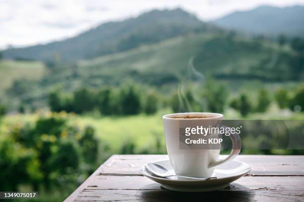 close-up of coffee cup on table against landscape scenery mountain hill  background. - tree white background stock pictures, royalty-free photos & images