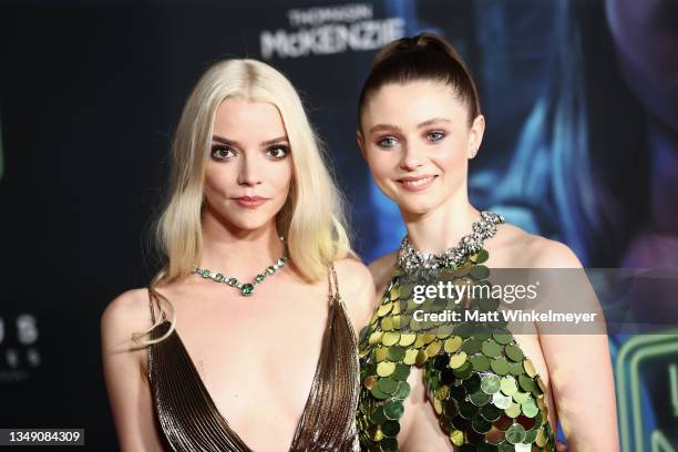 Anya Taylor-Joy and Thomasin McKenzie attend Focus Features' premiere of "Last Night In Soho" at Academy Museum of Motion Pictures on October 25,...