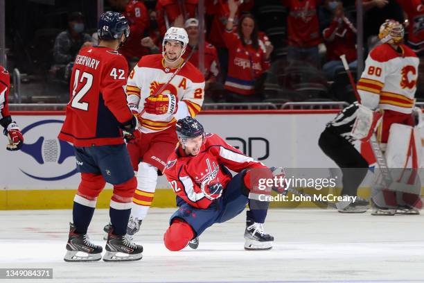 Evgeny Kuznetsov of the Washington Capitals celebrates a goal during a game against the Calgary Flames at Capital One Arena on October 23, 2021 in...