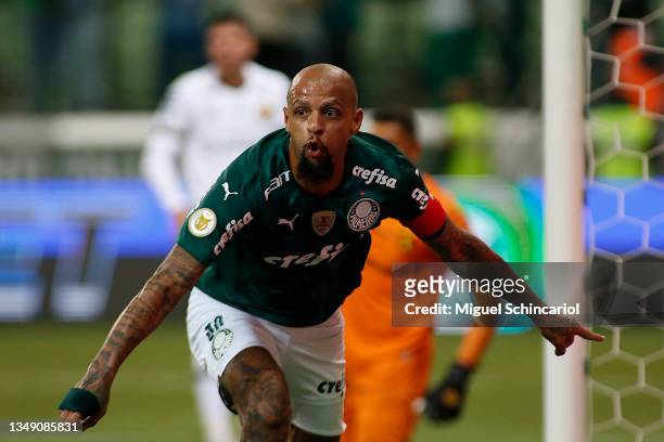 Felipe Melo of Palmeiras celebrates after scoring the second goal of his team during the match between Flamengo and Palmeiras as part of the...