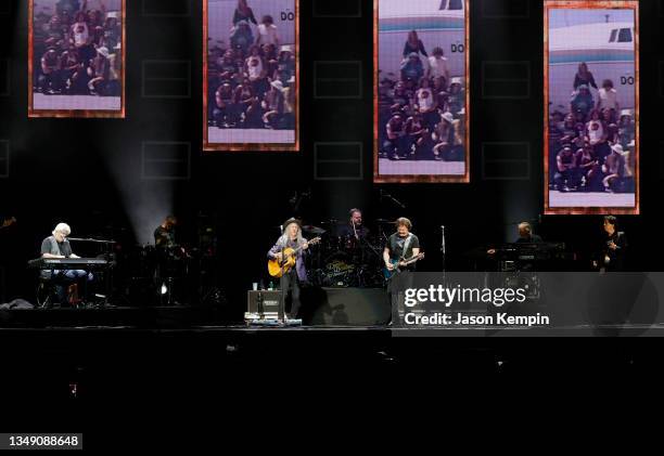 Michael McDonald, Patrick Simmons, Tom Johnston and John McFee of The Doobie Brothers perform at Bridgestone Arena on October 25, 2021 in Nashville,...