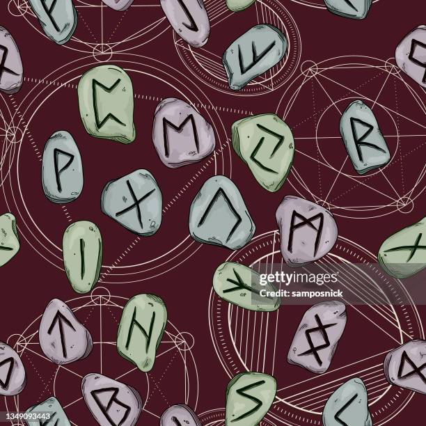 nordic rune stone with sacred geometry seamless pattern - viking rune symbols stock illustrations