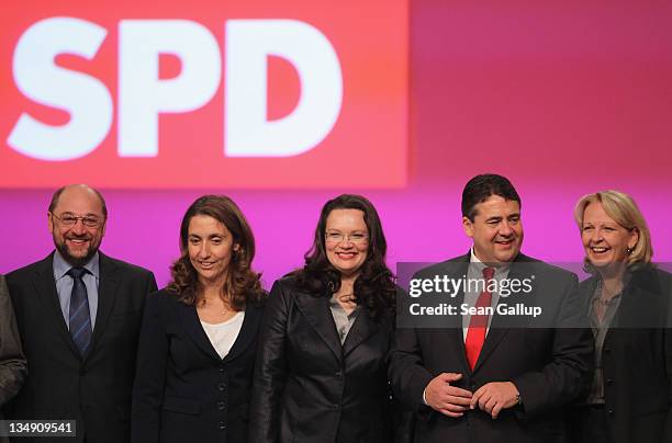 Newly-elected leaders of the German Social Democrats , including , European Parliament representative Martin Schulz, co-Deputy Chairwoman Aydan...