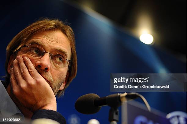 Head coach Juergen Klopp of Dortmund looks on during a press conference ahead of their UEFA Champions League group match against Olympique de...