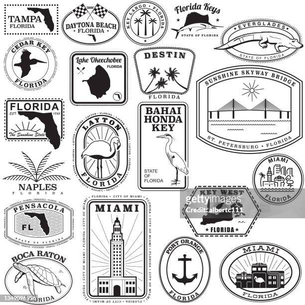 ilustraciones, imágenes clip art, dibujos animados e iconos de stock de sellos de viaje del estado de florida en negro - alligator
