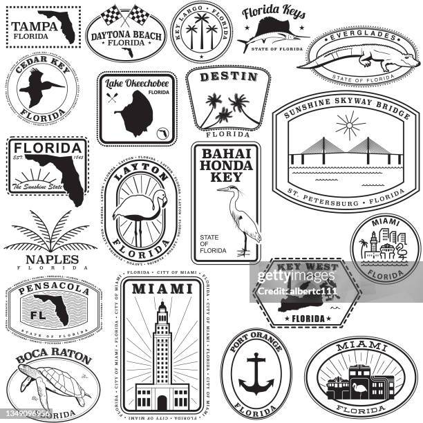 florida state travel stamps in black - the florida keys stock illustrations