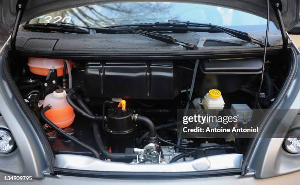 The engine of an Autolib electric bluecar is seen at the launch on December 5, 2011 in Paris, France. Autolib is launching its initial fleet of 250...