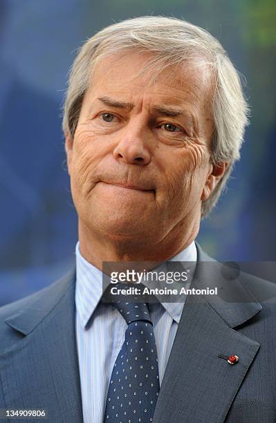Head of Groupe Bollore, Vincent Bollore whose company is supplying the electric cars, listens at the Autolib electric bluecar launch on December 5,...