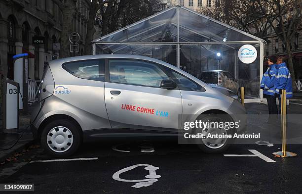 Autolib electric bluecars on display at the launch on December 5, 2011 in Paris, France. Autolib is launching its initial fleet of 250 four-seat grey...