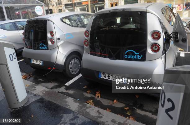 Autolib electric bluecars on display at the launch on December 5, 2011 in Paris, France. Autolib is launching its initial fleet of 250 four-seat grey...