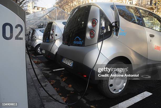 Autolib electric bluecars on display at the launch on December 5, 2011 in Paris, France. Autolib is launching its initial fleet of 250 four-seat grey...