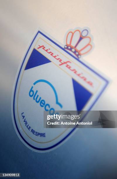 An Autolib electric bluecar logo is seen at the launch on December 5, 2011 in Paris, France. Autolib is launching its initial fleet of 250 four-seat...