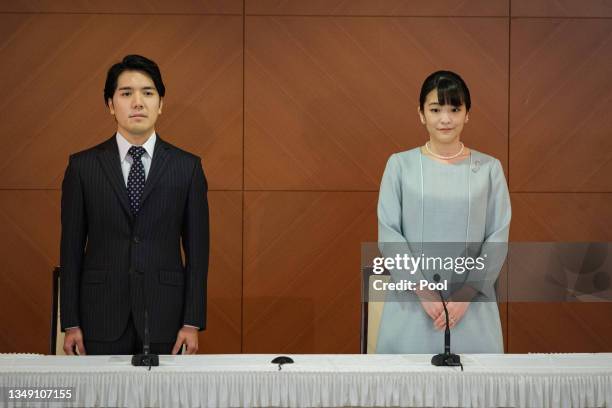 Princess Mako, the elder daughter of Prince Akishino and Princess Kiko, and her husband Kei Komuro, a university friend of Princess Mako, pose during...