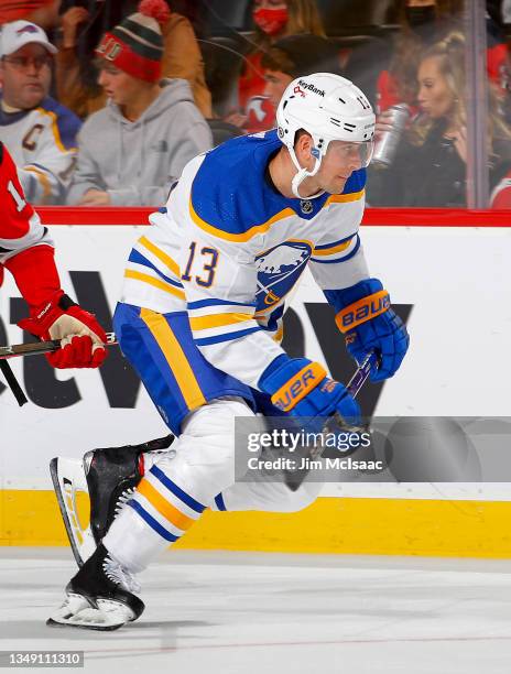 Mark Pysyk of the Buffalo Sabres in action against the New Jersey Devils at Prudential Center on October 23, 2021 in Newark, New Jersey. The Devils...