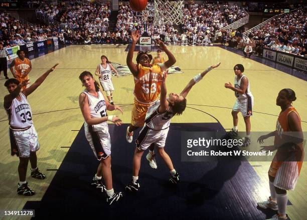 University of Tennessee's Dana Johnson tries to score in the paint against the UConn Huskies, Storrs Ct 1995.