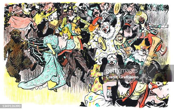 crowd of people celebrating carnival illustration art nouveau 1897 - retro dance party stock illustrations