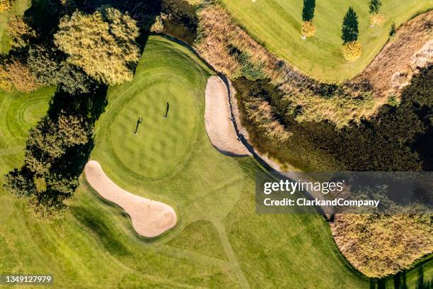 on the putting green aerial view - golfing imagens e fotografias de stock