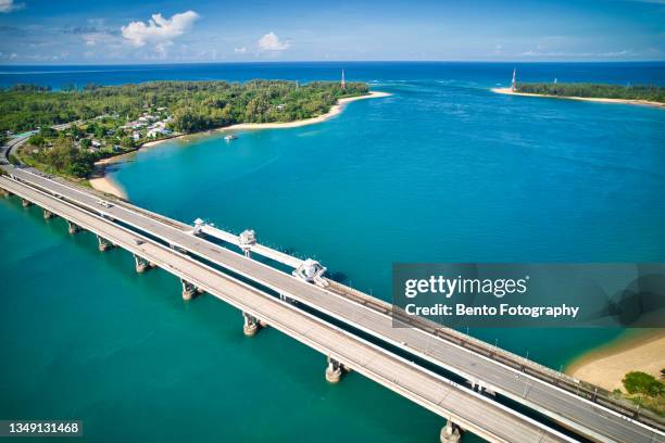 aerial view of sarasin bridge with beautiful sky and sea, phuket island, thailand. - phuket province 個照片及圖片檔