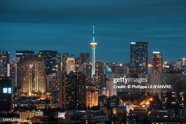 chengdu skyline aerial view at night with west pearl tower - chengdu skyline stock pictures, royalty-free photos & images