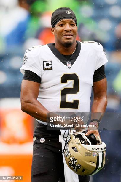 Jameis Winston of the New Orleans Saints looks on before the game against the Seattle Seahawks at Lumen Field on October 25, 2021 in Seattle,...