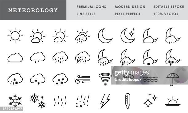 weather line icon set. editable stroke. pixel perfect - hailstorm stock illustrations