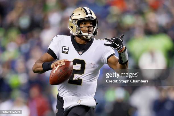 Jameis Winston of the New Orleans Saints in action against the Seattle Seahawks during the second quarter at Lumen Field on October 25, 2021 in...