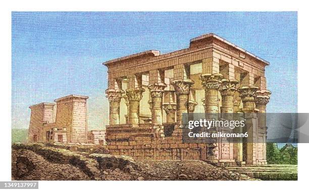 old engraved illustration of ancient egyptian architecture, the temple of isis from philae - isis egyptian goddess stock pictures, royalty-free photos & images