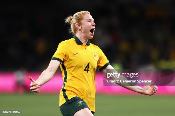 Clare Polkinghorne of the Matildas celebrates kicking a goal during the Women's International Friendly match between the Australia Matildas and...