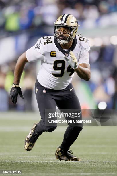Cameron Jordan of the New Orleans Saints in action against the Seattle Seahawks during the third quarter at Lumen Field on October 25, 2021 in...