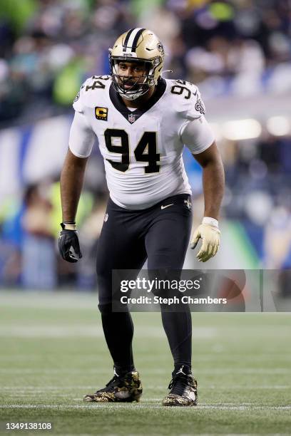 Cameron Jordan of the New Orleans Saints in action against the Seattle Seahawks during the third quarter at Lumen Field on October 25, 2021 in...