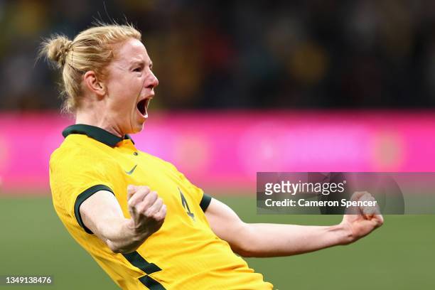 Clare Polkinghorne of the Matildas celebrates kicking a goal during the Women's International Friendly match between the Australia Matildas and...