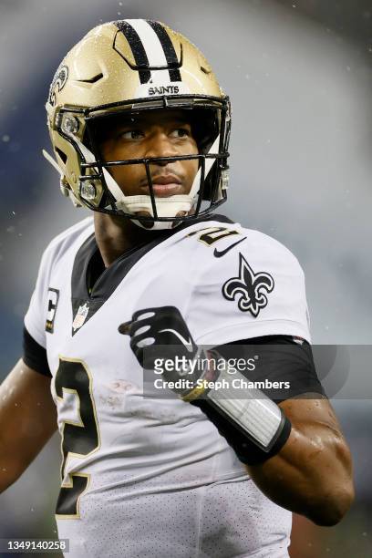Jameis Winston of the New Orleans Saints looks on against the Seattle Seahawks during the fourth quarter at Lumen Field on October 25, 2021 in...
