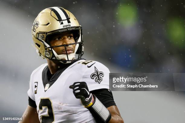 Jameis Winston of the New Orleans Saints looks on against the Seattle Seahawks during the fourth quarter at Lumen Field on October 25, 2021 in...