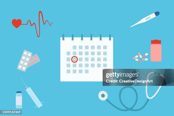 medical exam concept with calendar, syringe, vaccine, pills, thermometer and stethoscope on blue background. - safe injecting stock illustrations