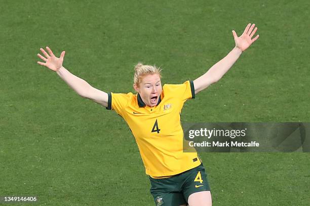 Clare Polkinghorne of the Matlidas celebrates scoring a goal during the Women's International Friendly match between the Australia Matildas and...