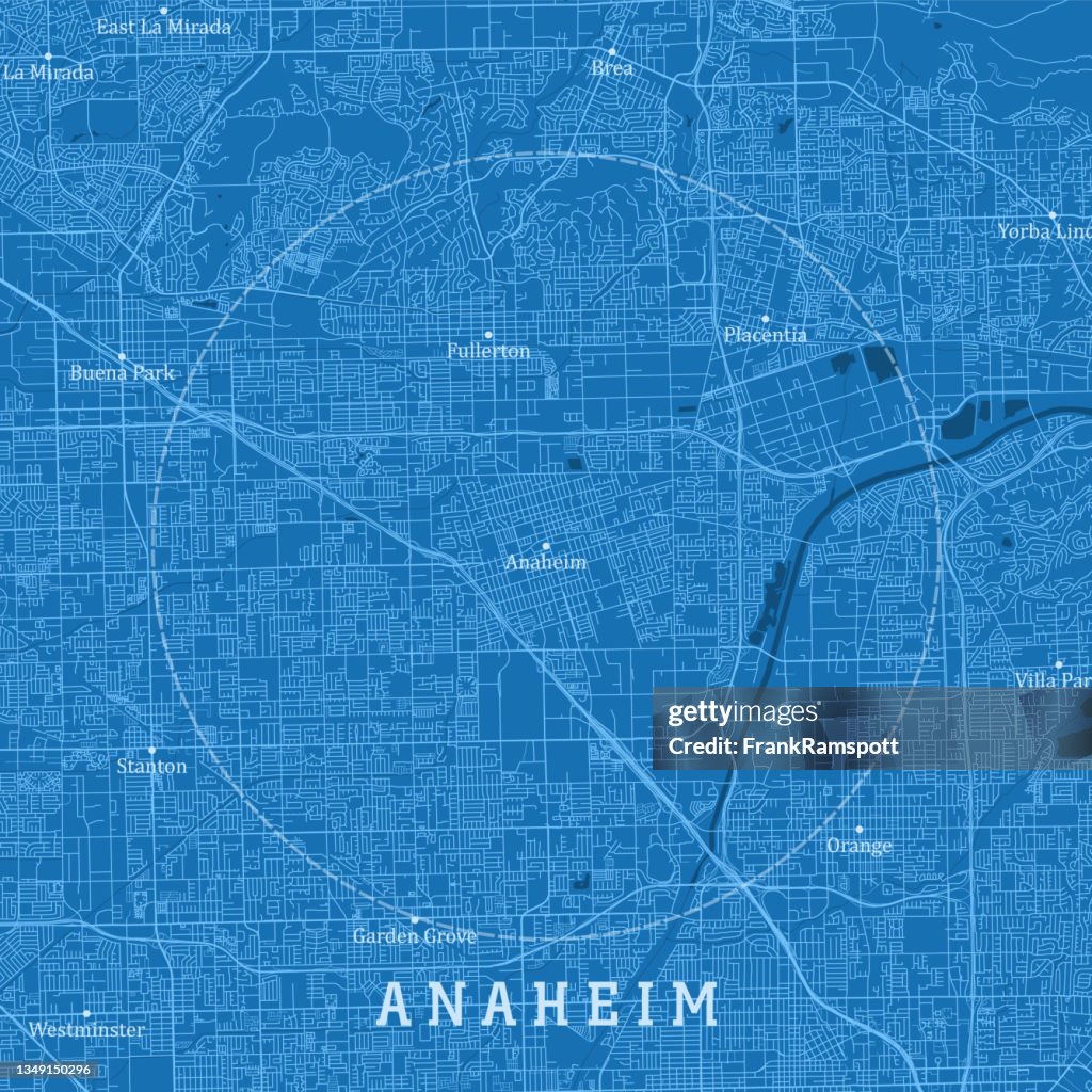 Anaheim CA City Vector Road Map Blue Text