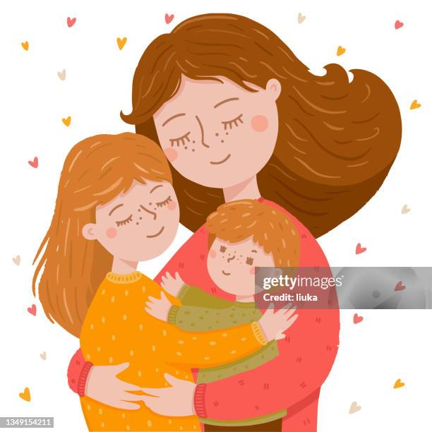 junge mutter umarmt ihre kinder - family fun stock-grafiken, -clipart, -cartoons und -symbole