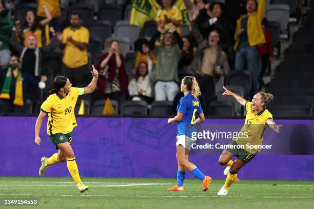 Sam Kerr of the Matildas celebrates scoring a goal with Kyah Simon of the Matildas during the Women's International Friendly match between the...