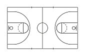Basketball court. Line of marking of basketball field. Plan with basket, center, frame and game area. Outline square pitch for sport. Icon for arena, gymnasium, strategy. Black lines of court. Vector