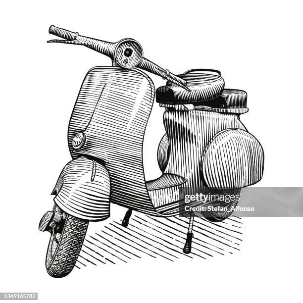 illustrazioni stock, clip art, cartoni animati e icone di tendenza di disegno vettoriale di uno scooter - motorino