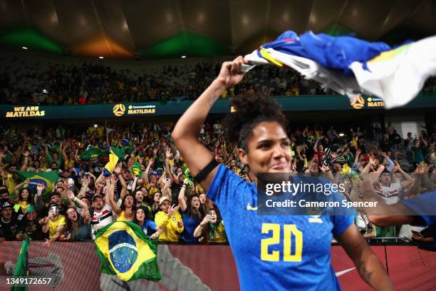 Maria Eduarda Francelino Da Silva of Brazil celebrates with fans following the Women's International Friendly match between the Australia Matildas...