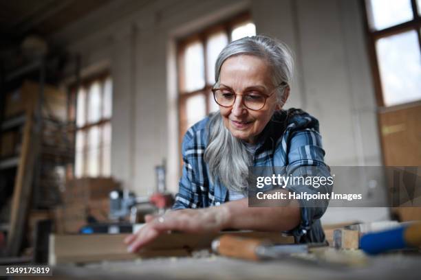 senior female carpenter working on her product. small business concept. - wooden shed stock pictures, royalty-free photos & images