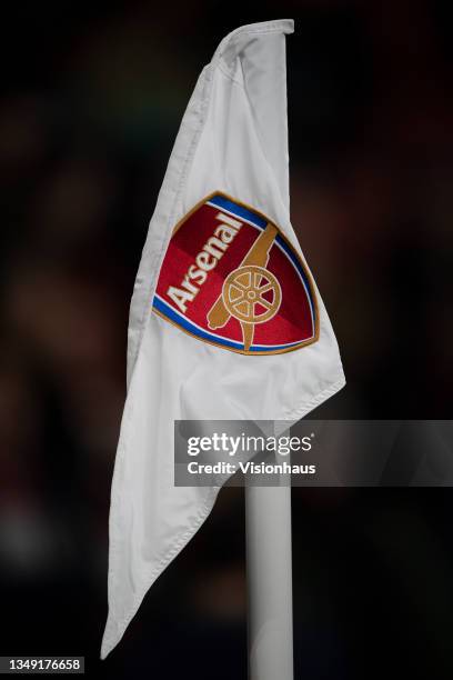 Corner flag with officlal Arsenal club crest on during the Premier League match between Arsenal and Aston Villa at Emirates Stadium on October 22,...