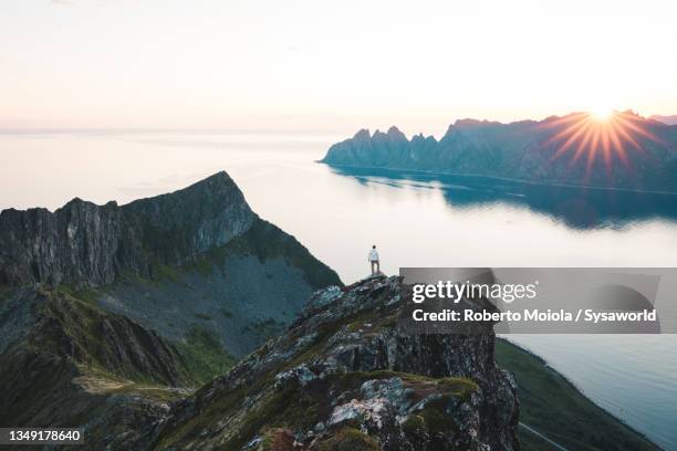 person standing on mountain peak at dawn, senja, norway - person standing far stock pictures, royalty-free photos & images